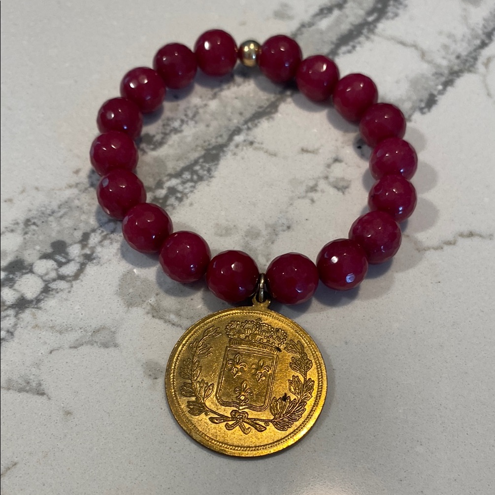 Love Poopy Maroon Beaded Bracelet With Coin Charm